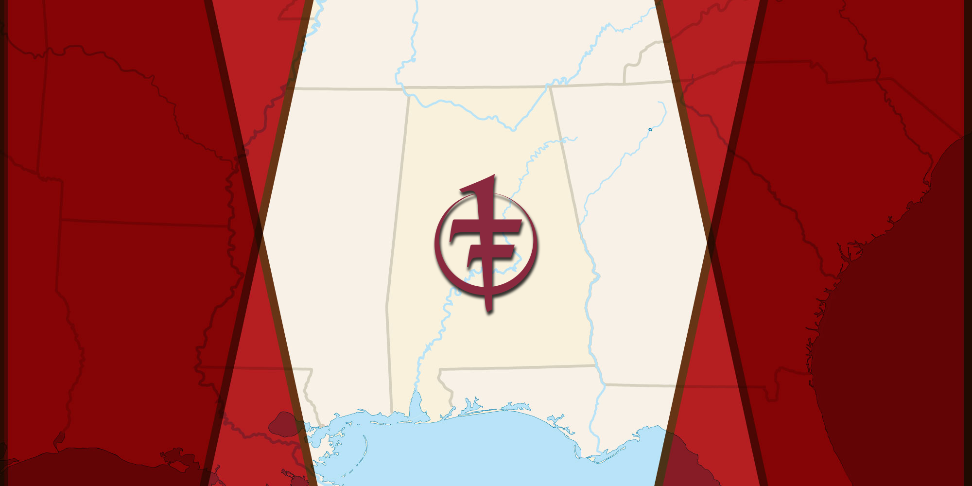 State of Alabama graphically represented with the Tactical Faith Icon over the center of the state.