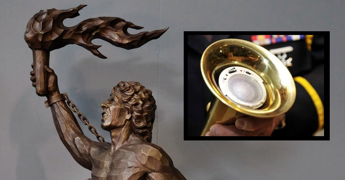 digital trumpet and a statue of Prometheus holding fire.